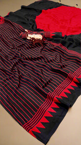 Black and Red Striped Contemporary Satin Crepe Modal Silk Saree
